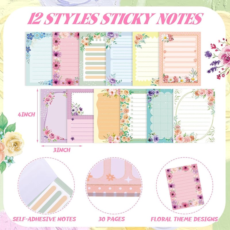 Chiisong 12 Pads Cute Sticky Notes Flower Sticky Notes 3 x 4 Inches Colored Adhesive Memo Reminder Decor Floral Memo Pads Flower Notepads for Journal Office Birthday Gifts - Image 2